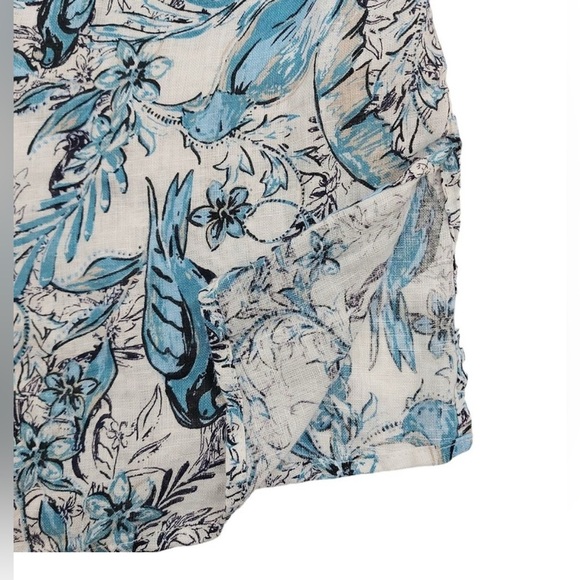 Tahari Linen Tunic Womens 1X White Blue Roll Tab Sleeve Button Up Bird Graphic - Picture 5 of 11